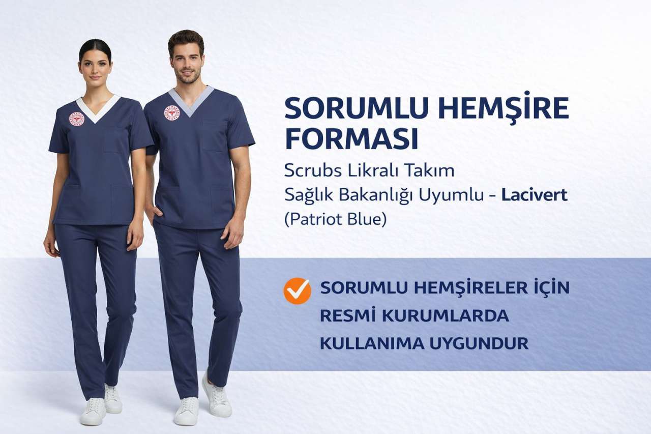 Sorumlu Hemşire Forması Lacivert Likralı Scrubs Takım – Sağlık Bakanlığı Uyumlu Patriot Blue