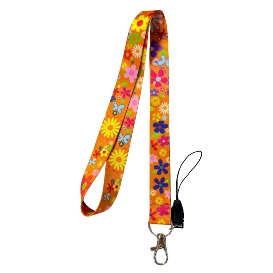 Turuncu Zeminde Renkli Çiçekler Temalı Boyun Askı İpi (b76)