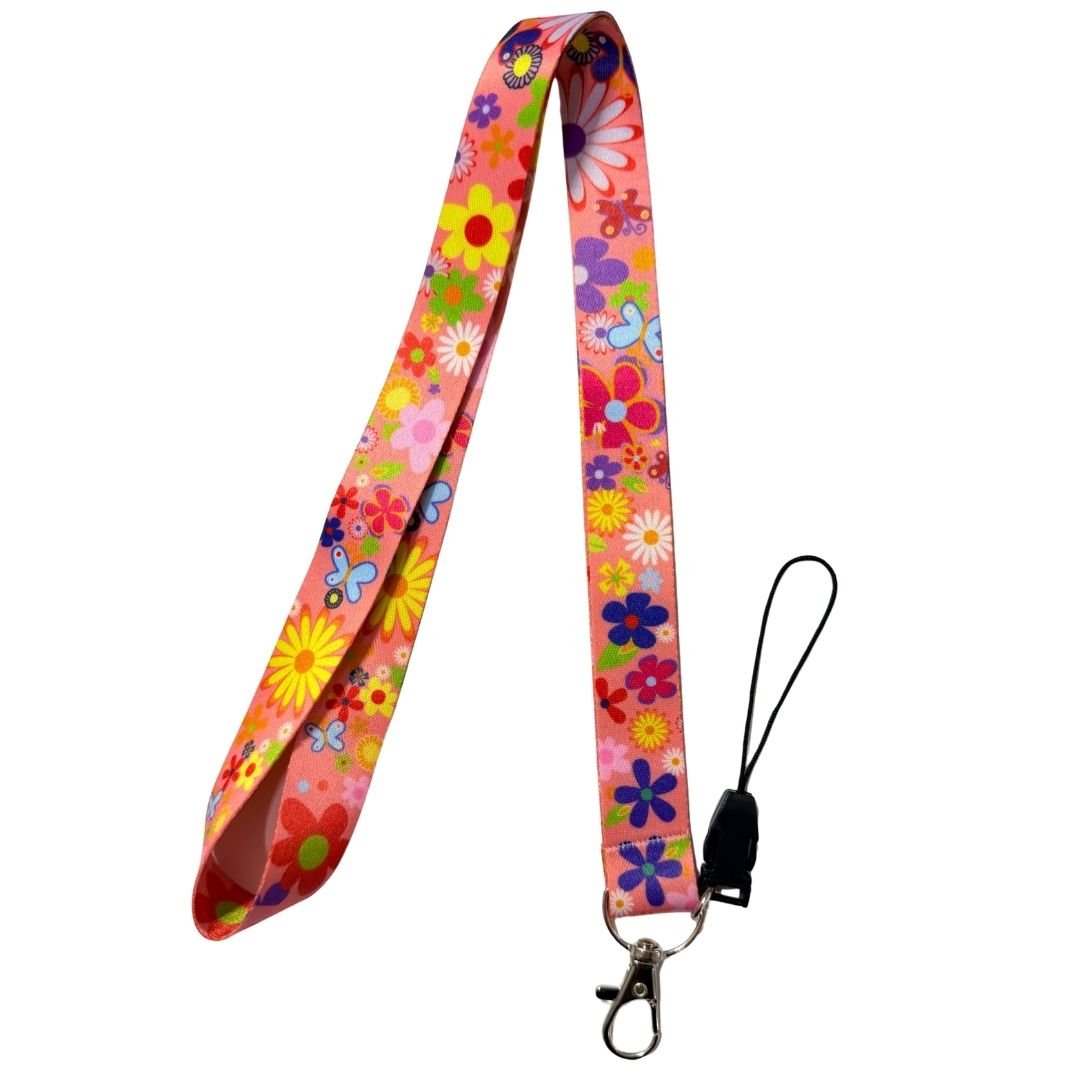Pembe Zeminde Renkli Çiçekler Temalı Boyun Askı İpi (b90)