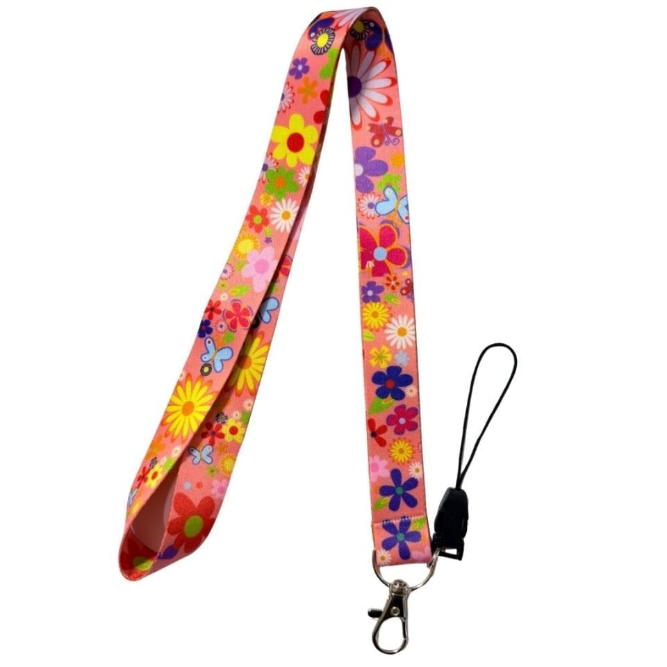 Pembe Zeminde Renkli Çiçekler Temalı Boyun Askı İpi (b90)