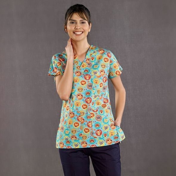 Sevimli Dostlar Scrubs Üst Likralı Desenli Greys Keten l