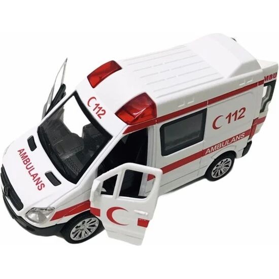 Metal Model Sesli Işıklı Çek Bırak Metal Ambulans - 588B-AMBULANS