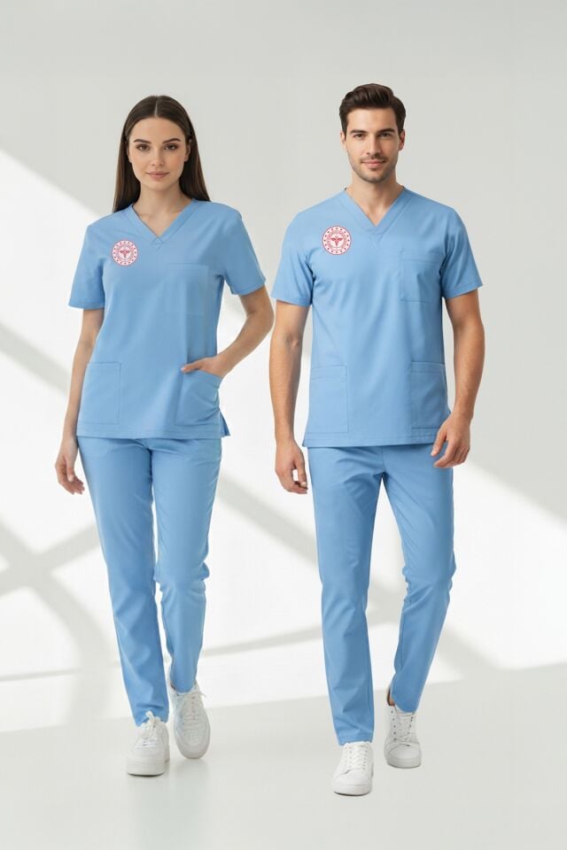 Doktor Ve Hekim Forması Scrubs Likralı Takım Sağlık Bakanlığı Uyumlu-Alaskan Blue
