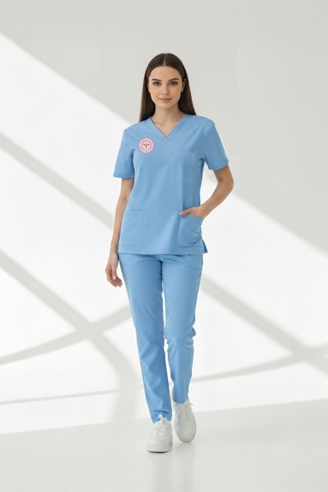 Doktor Ve Hekim Forması Scrubs Likralı Takım Sağlık Bakanlığı Uyumlu-Alaskan Blue