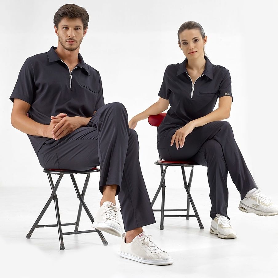 Lacivert Polo Lüks Likra Scrubs Takım