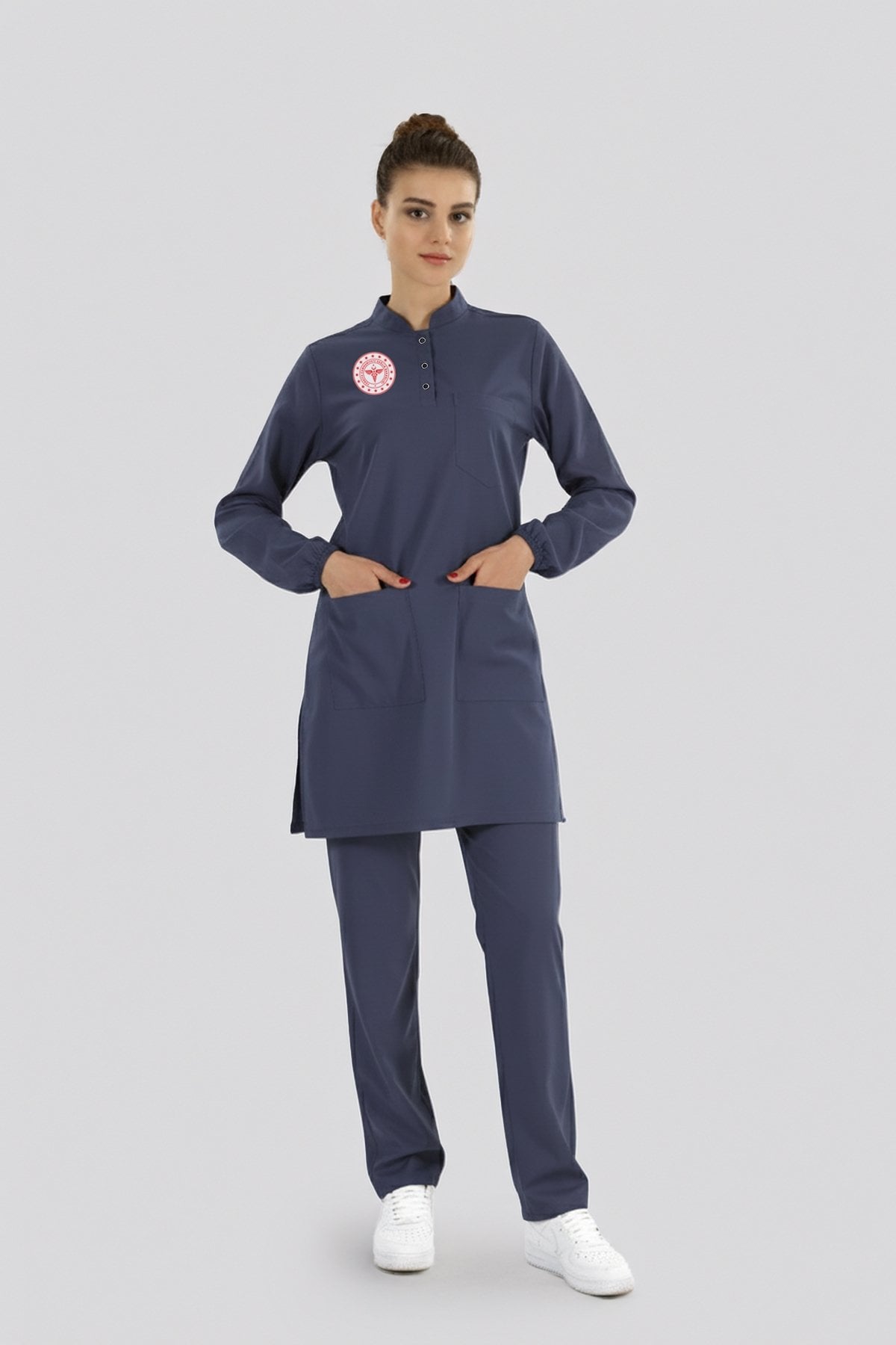 Tesettür Hemşire Forması Scrubs Likralı Takım Sağlık Bakanlığı Logolu-Patriot Blue