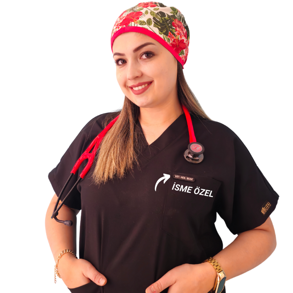 Siyah Polo Lüks Likra Scrubs Takım