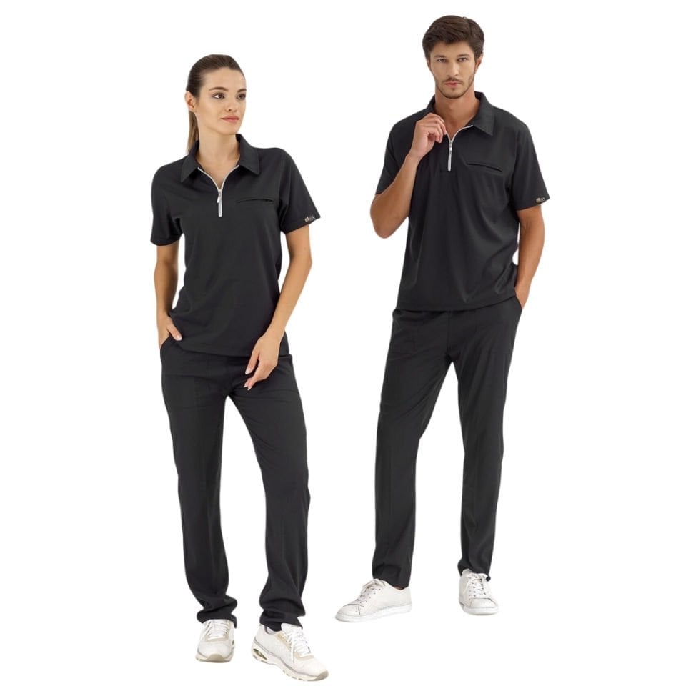 Siyah Polo Lüks Likra Scrubs Takım