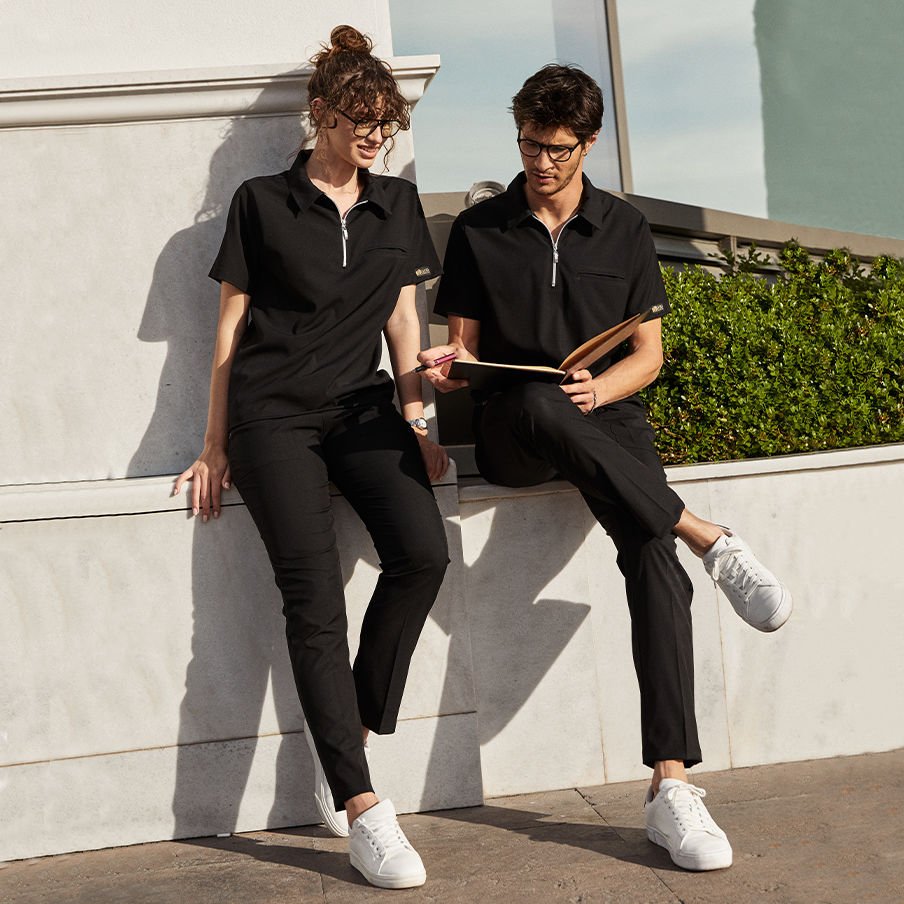 Siyah Polo Lüks Likra Scrubs Takım