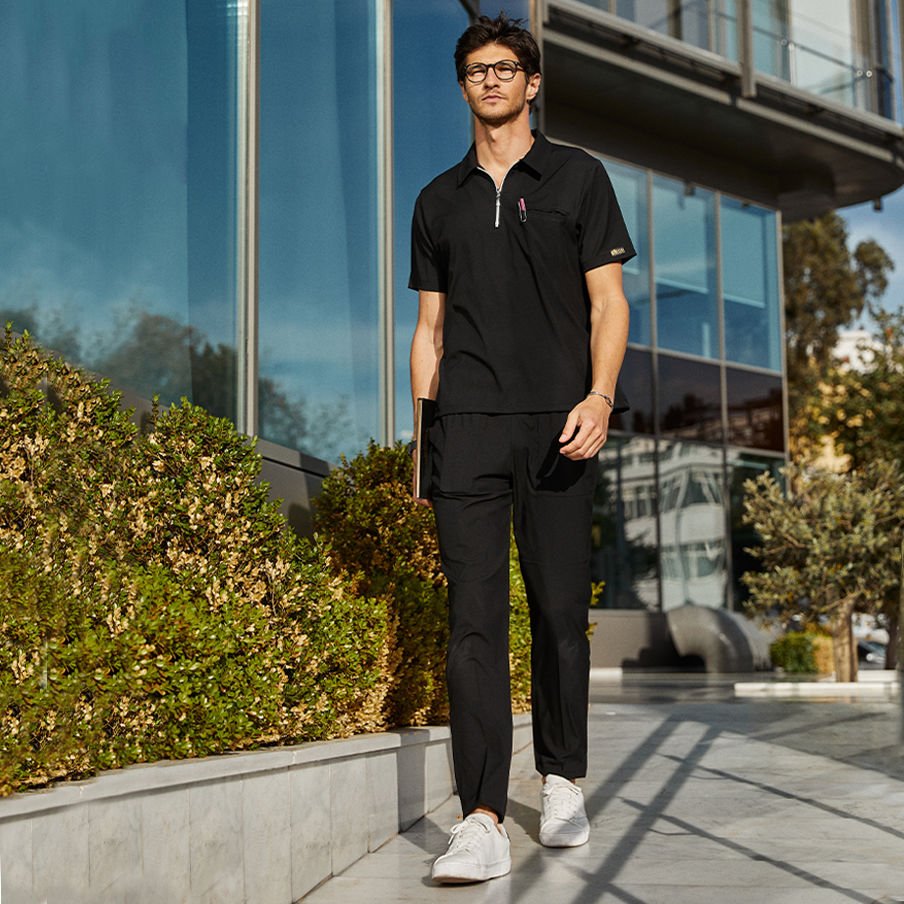 Siyah Polo Lüks Likra Scrubs Takım