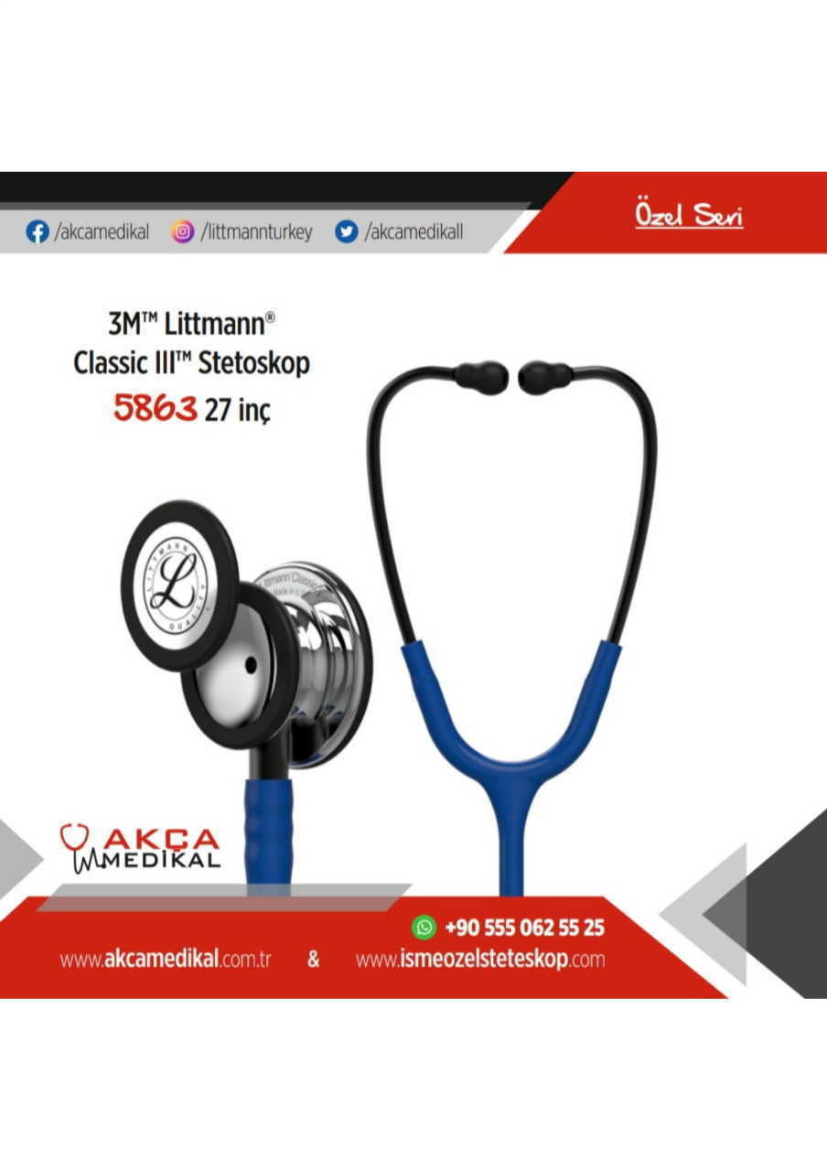 3M Littmann Klasik 3 Steteskop 5863 Lacivert Hortum  Aynalı Çan ÇAN KISMINA İSİM - Çan Kısmına