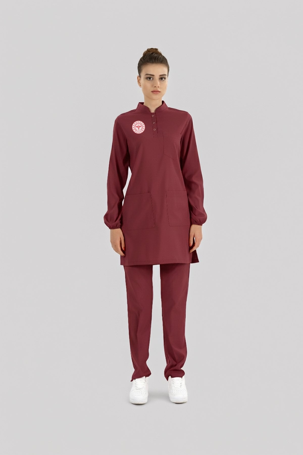 Tesettür Lisans-Lisansüstü Sağlık Forması Scrubs Likralı Takım Sağlık Bakanlığı Logolu-Biking Red