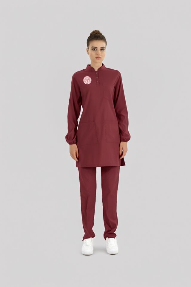 Tesettür Lisans-Lisansüstü Sağlık Forması Scrubs Likralı Takım Sağlık Bakanlığı Logolu-Biking Red