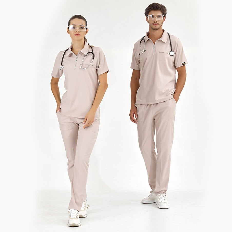 Krem Polo Lüks Likra Scrubs Takım