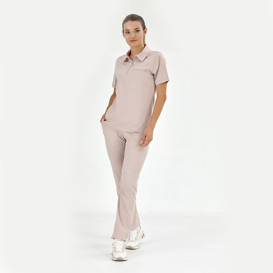 Krem Polo Lüks Likra Scrubs Takım
