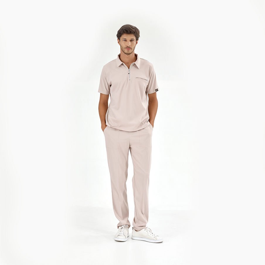 Krem Polo Lüks Likra Scrubs Takım
