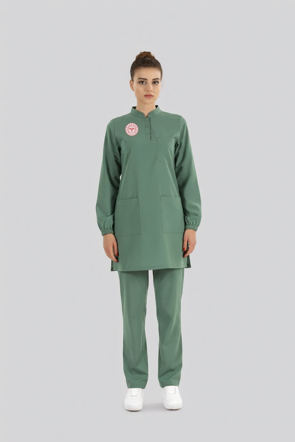 Tesettür Ameliyathane Forması Scrubs Likralı Takım Sağlık Bakanlığı Logolu-Frosty Spruce