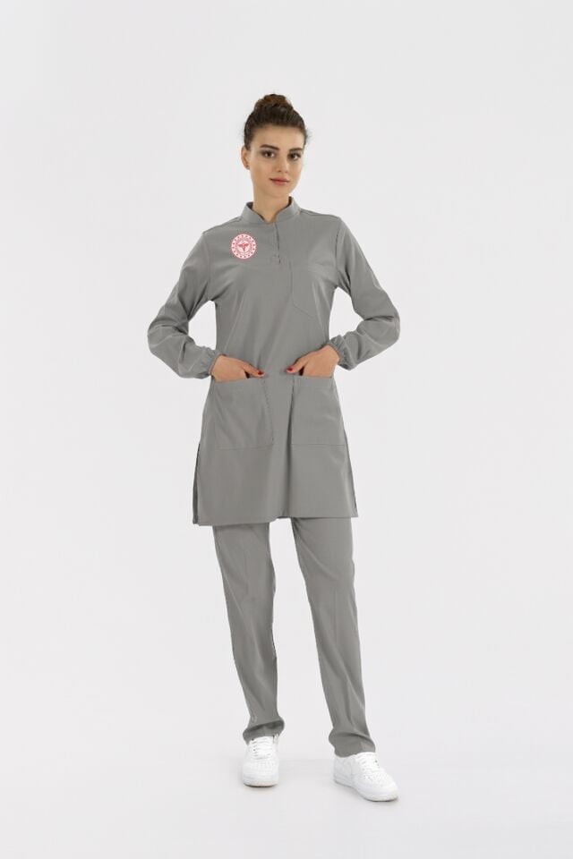 Tesettür Teknik Hizmetler Forması Scrubs Likralı Takım Sağlık Bakanlığı Logolu-Neutral Gray