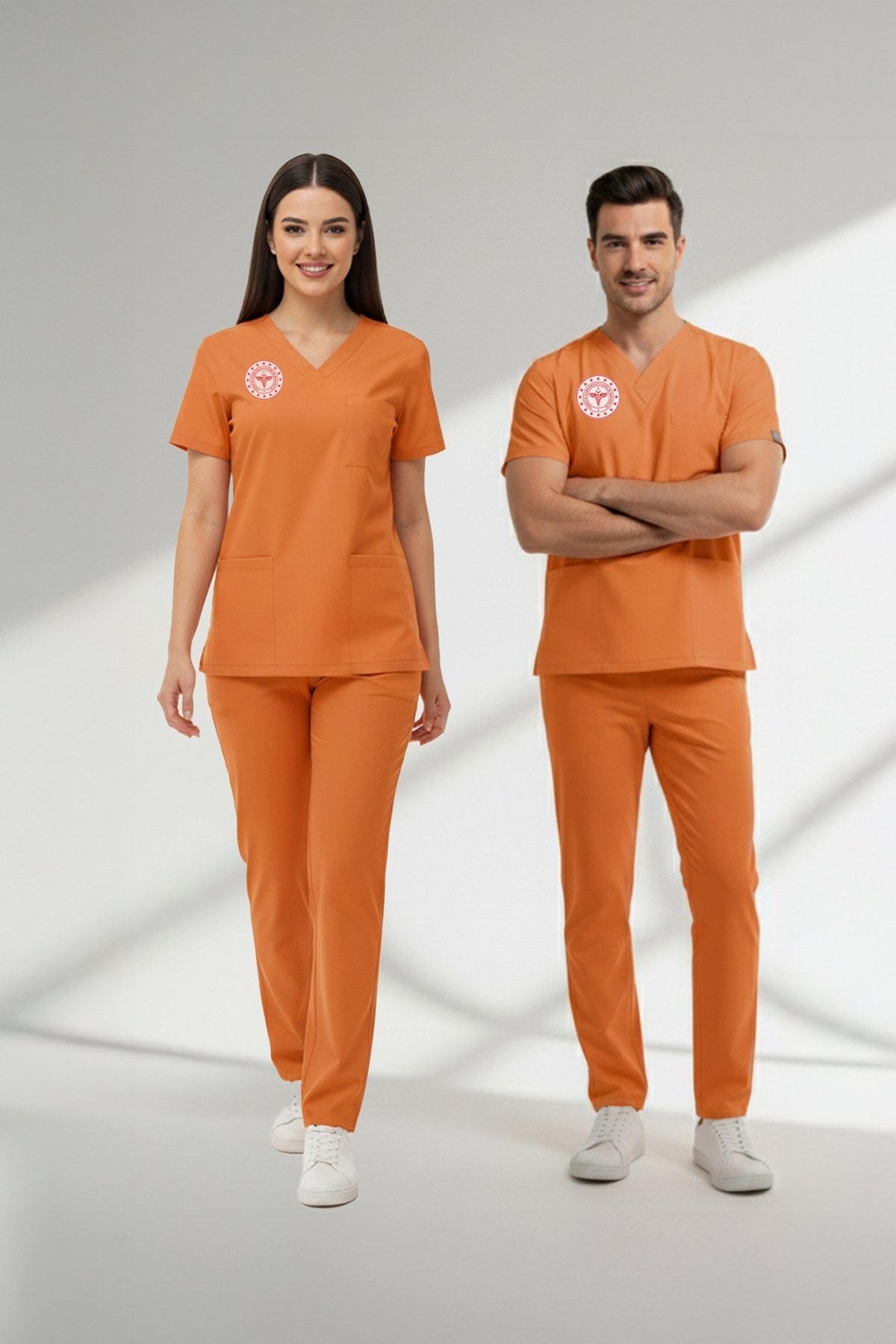 Klinik Destek Forması Scrubs Likralı Takım Sağlık Bakanlığı Uyumlu-Orange Ochre