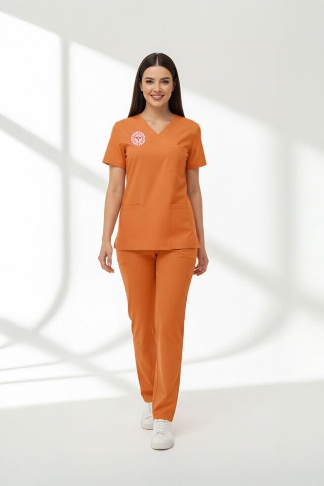 Klinik Destek Forması Scrubs Likralı Takım Sağlık Bakanlığı Uyumlu-Orange Ochre