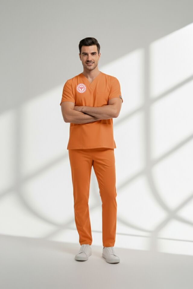 Klinik Destek Forması Scrubs Likralı Takım Sağlık Bakanlığı Uyumlu-Orange Ochre