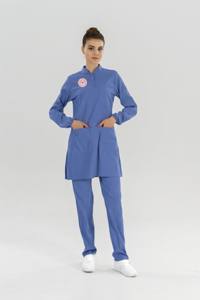 Tesettür Temizlik Personeli Forması Scrubs Likralı Takım Sağlık Bakanlığı Logolu-Dazzling Blue