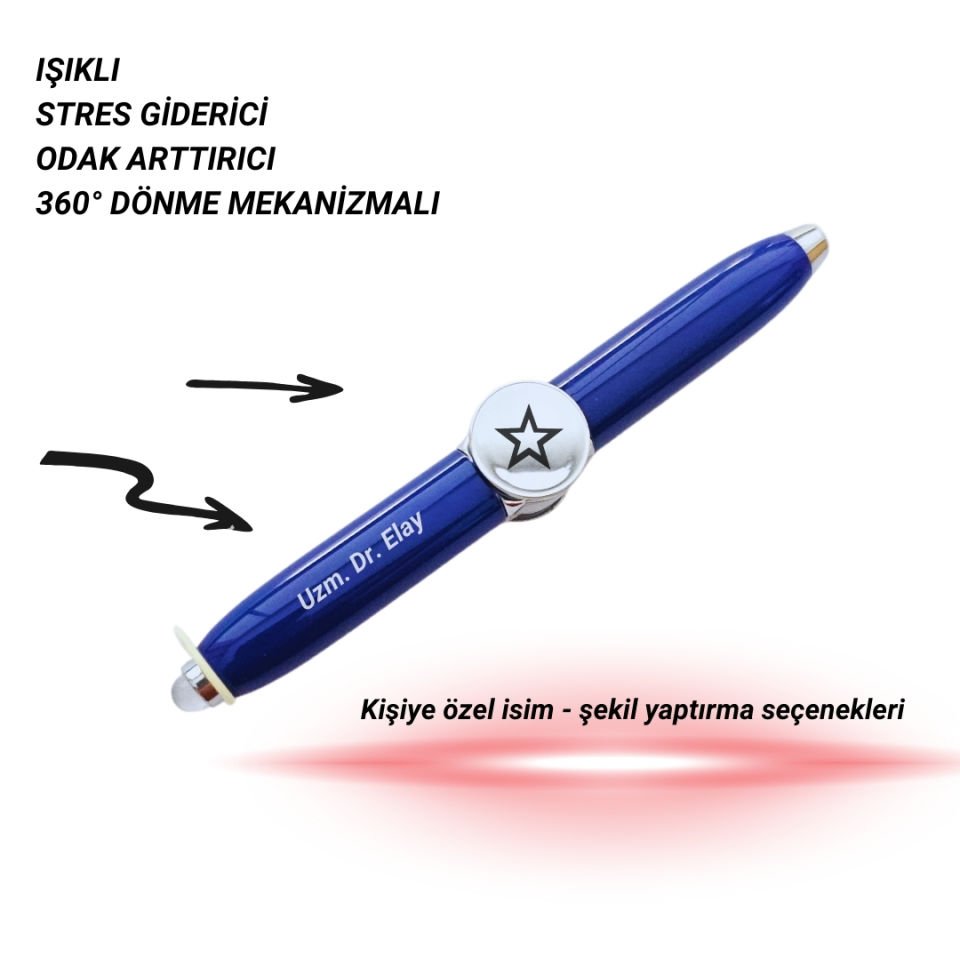 İsme Özel Stres Çarklı Işıklı Muayene Kalemi (Mavi)