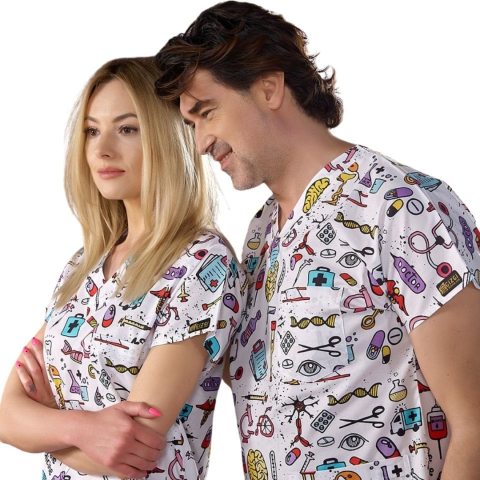 Bilimsel Desenli Likralı Tek Üst Scrubs