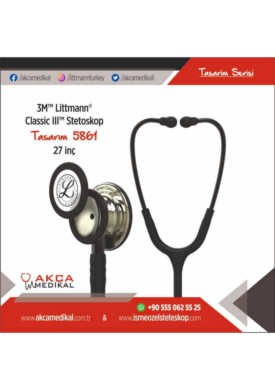3M Littmann Klasik 3 Steteskop 5861 Siyah Hortum Şampanya Aynalı Çan ÇAN KISMINA İSİM - Yay kısmına