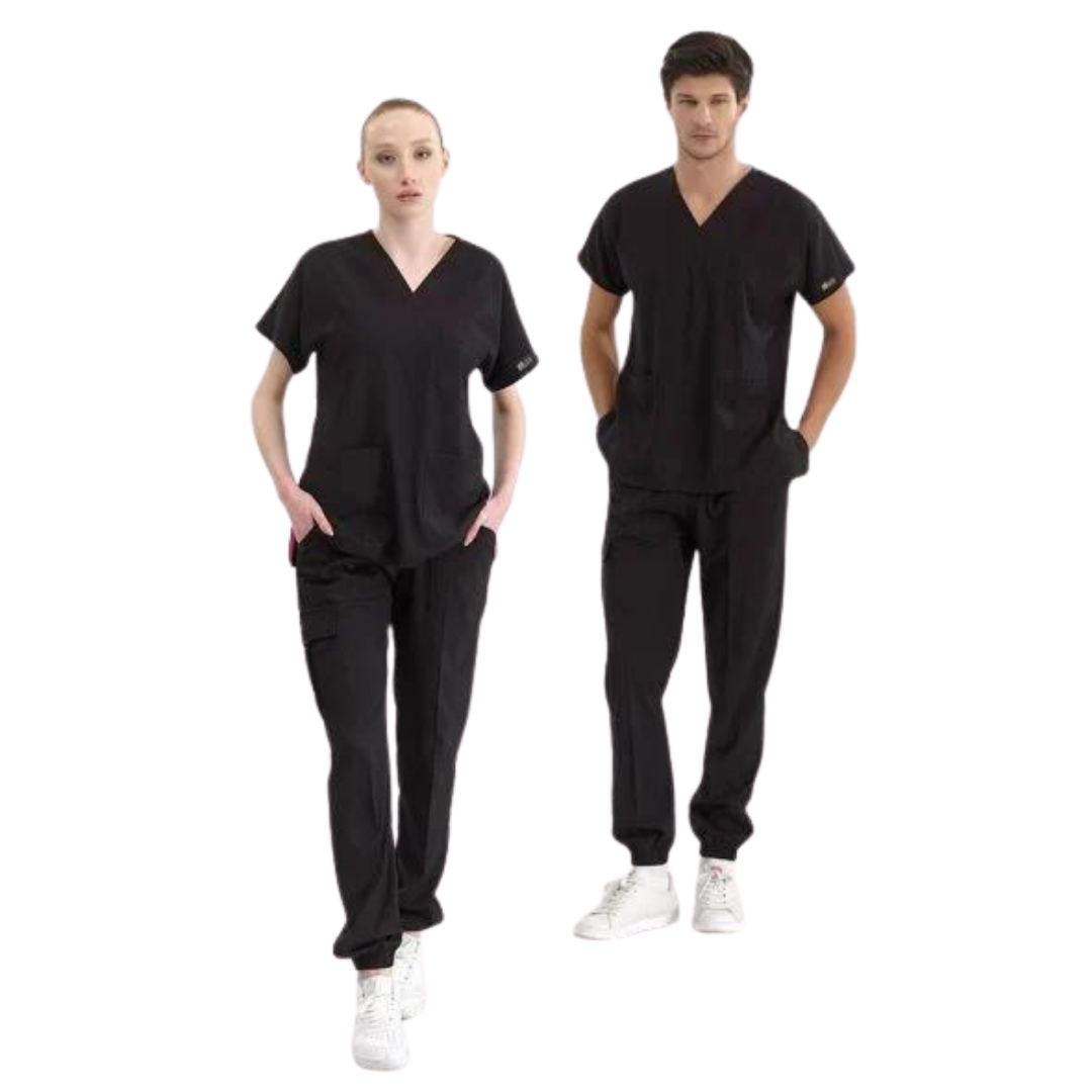 Siyah Jogger Scrubs Lüks Likralı Greys Takım