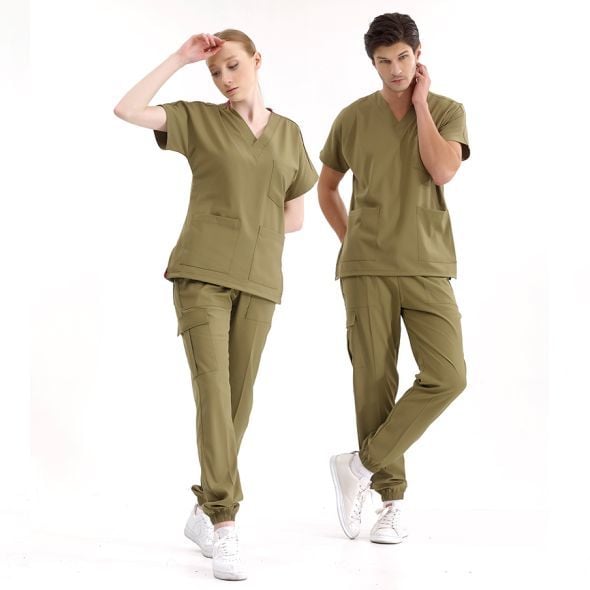 Haki Jogger Scrubs Lüks Likralı Greys Takım