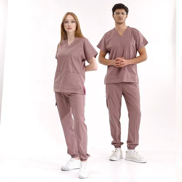 Gül Kurusu Jogger Scrubs Lüks Likralı Greys Takım