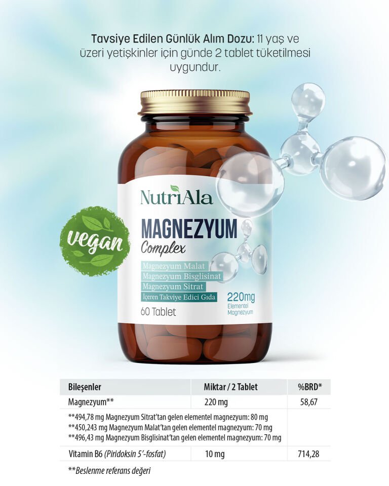 NutriAla Magnezyum 220 mg Kas Sinir ve Enerji Desteği  (Bisglisinat, Sitrat, Malat) 60 Tablet