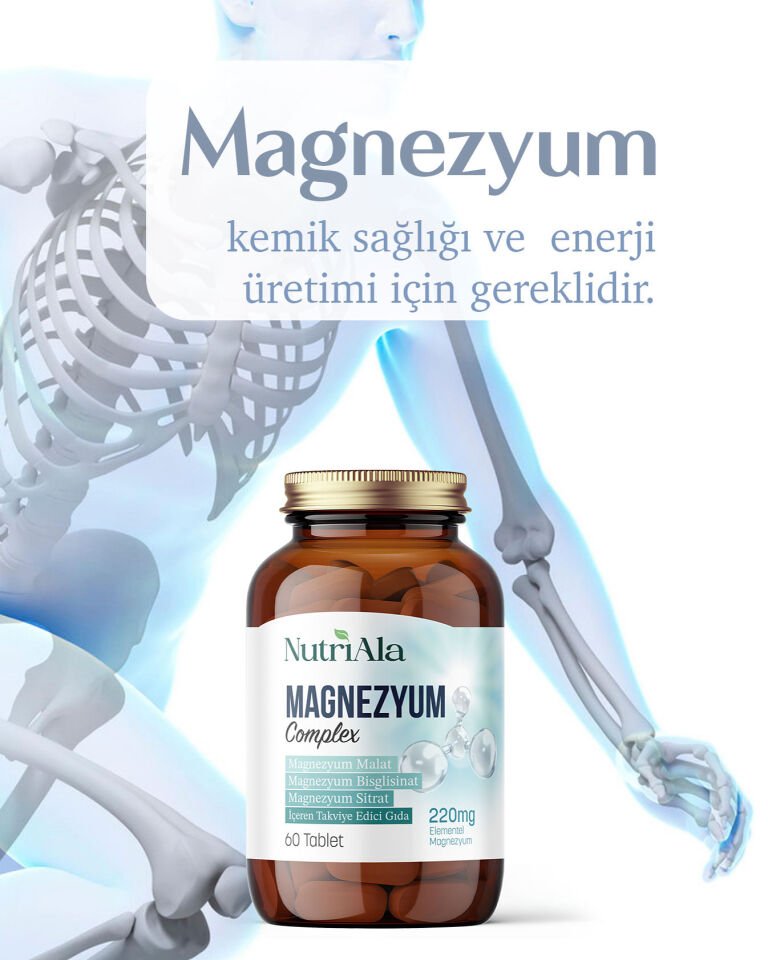 NutriAla Magnezyum 220 mg Kas Sinir ve Enerji Desteği  (Bisglisinat, Sitrat, Malat) 60 Tablet