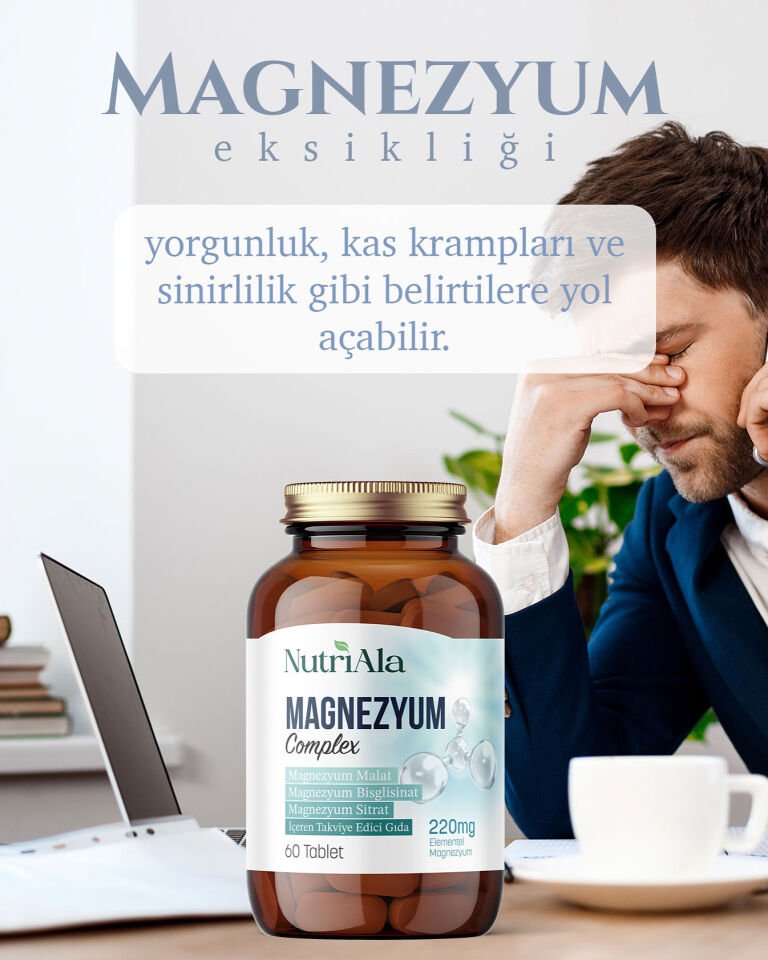 NutriAla Magnezyum 220 mg Kas Sinir ve Enerji Desteği  (Bisglisinat, Sitrat, Malat) 60 Tablet