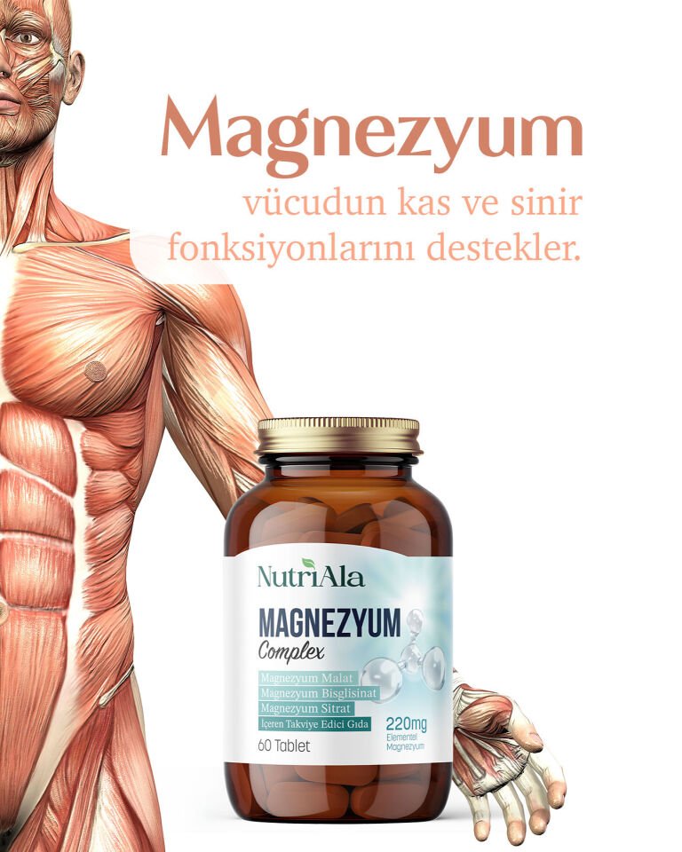 NutriAla Magnezyum 220 mg Kas Sinir ve Enerji Desteği  (Bisglisinat, Sitrat, Malat) 60 Tablet