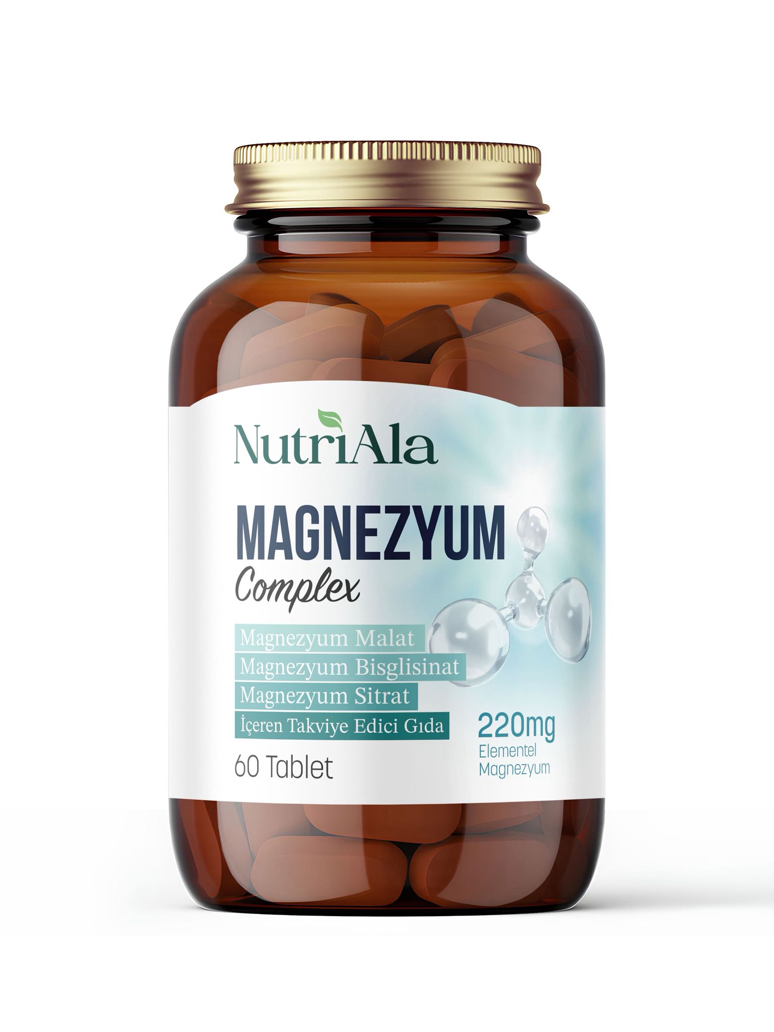 NutriAla Magnezyum 220 mg Kas Sinir ve Enerji Desteği  (Bisglisinat, Sitrat, Malat) 60 Tablet