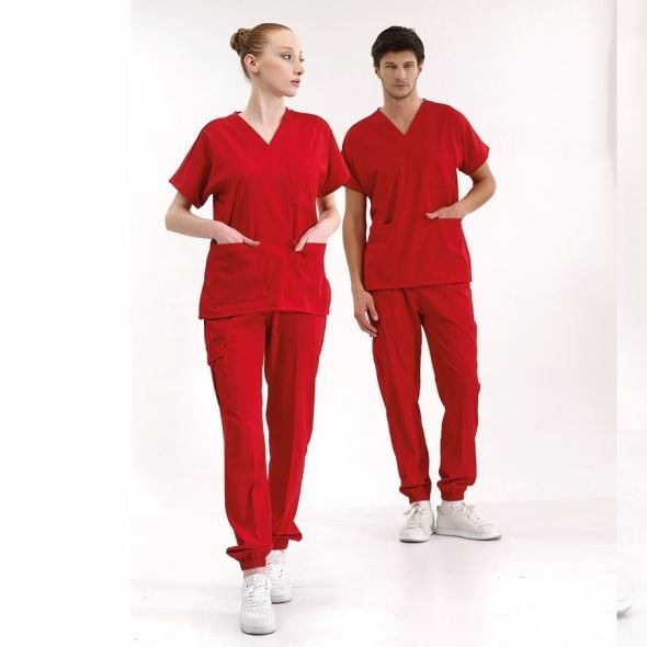 Kırmızı Jogger Scrubs Lüks Likralı Greys Takım