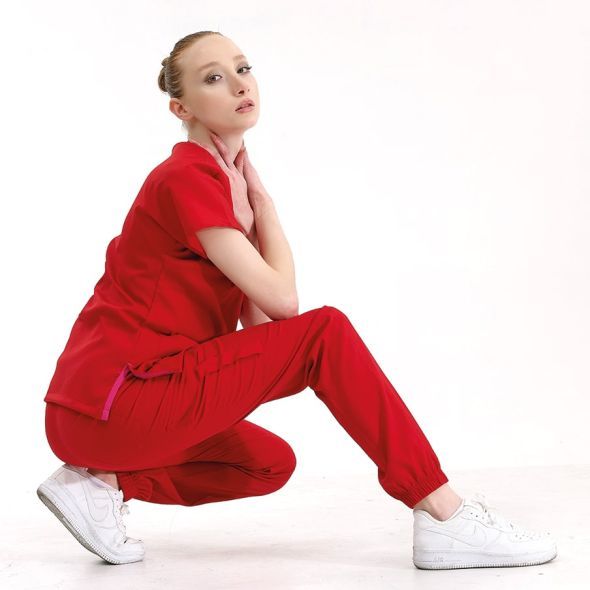 Kırmızı Jogger Scrubs Lüks Likralı Greys Takım