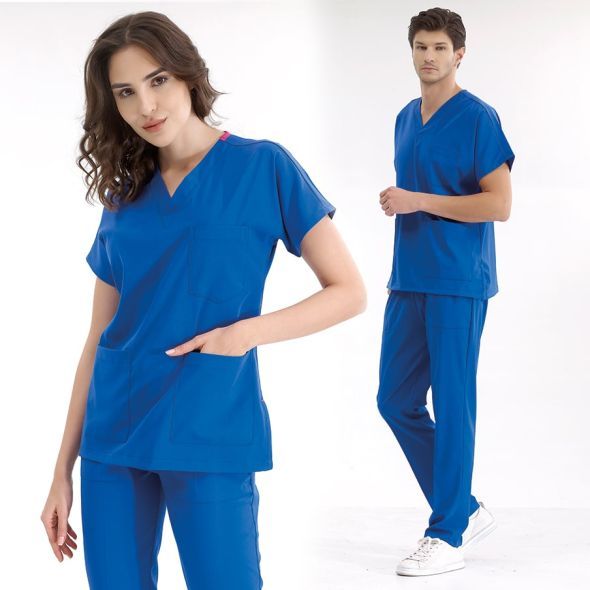 Saks Mavi  Lüks Likralı Scrubs Greys Takım