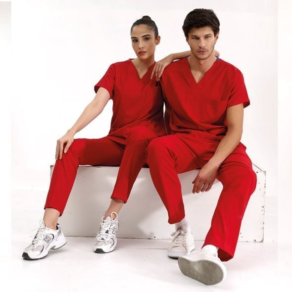 Kırmızı Lüks Likralı Scrubs Greys Takım