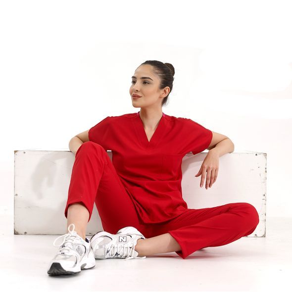 Kırmızı Lüks Likralı Scrubs Greys Takım