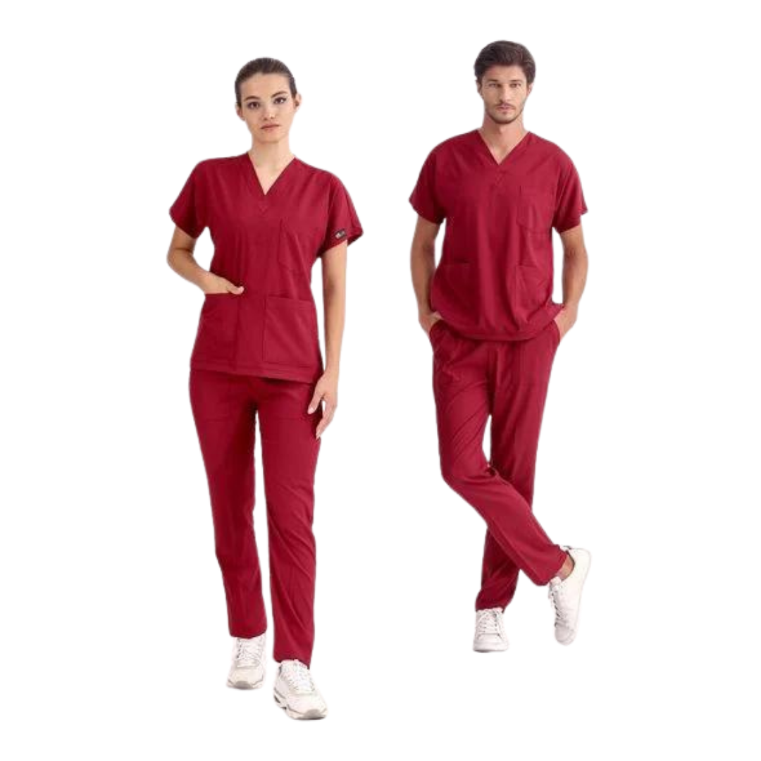 Bordo Lüks Likralı Scrubs Greys Takım