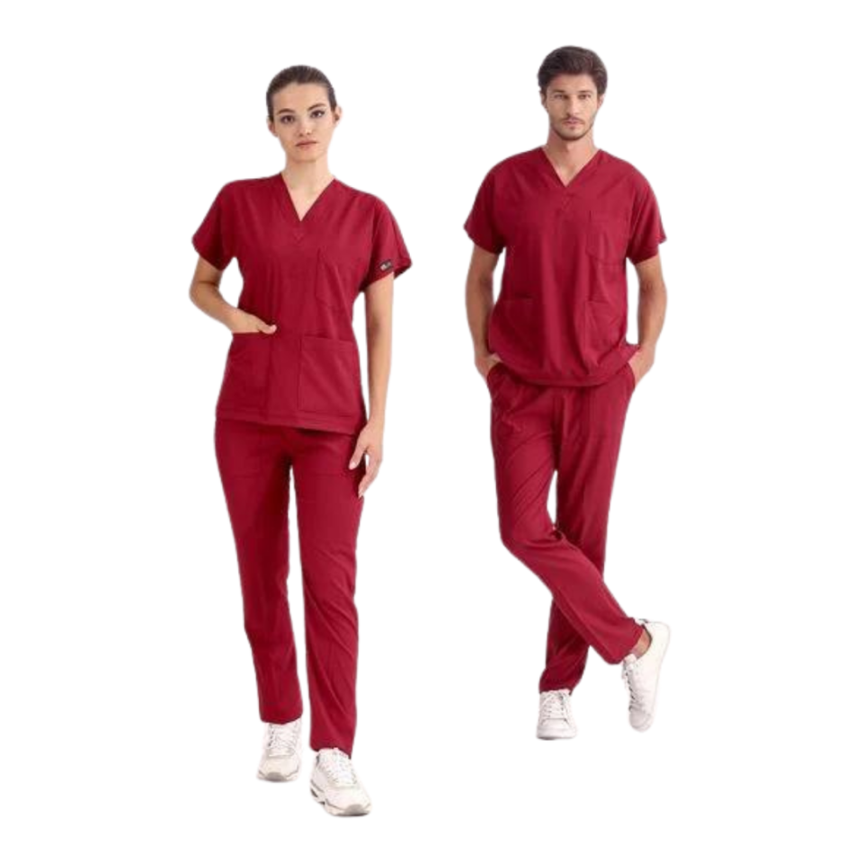 Bordo Lüks Likralı Scrubs Greys Takım