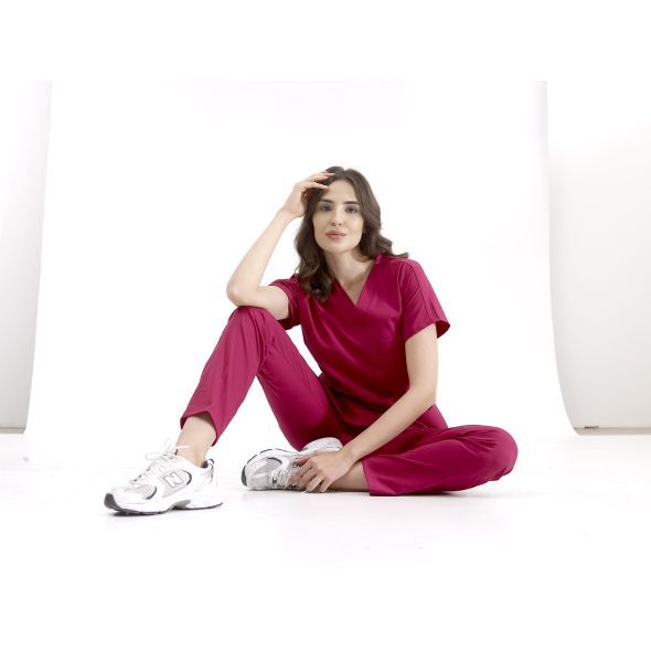 Vişne Lüks Likralı Scrubs Greys Takım