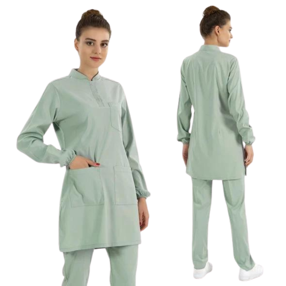 Mint Yeşili Lüks Likralı Scrubs Hakim Yaka Tesettür Takım