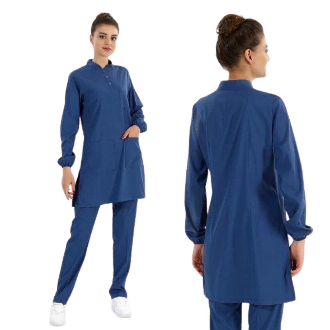 Petrol Mavisi Lüks Likralı Scrubs Hakim Yaka Tesettür Takım