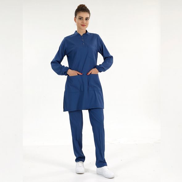 Petrol Mavisi Lüks Likralı Scrubs Hakim Yaka Tesettür Takım