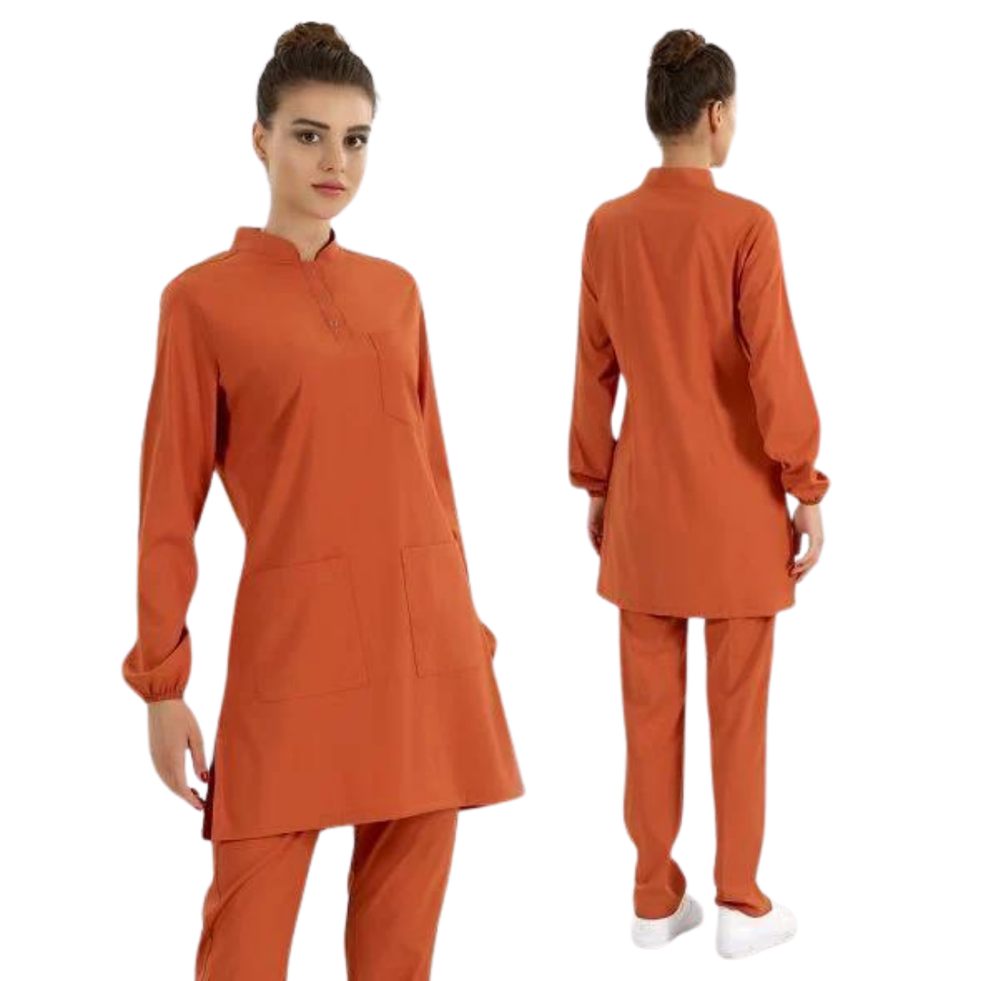 Kiremit  Lüks Likralı Scrubs Hakim Yaka Tesettür Takım