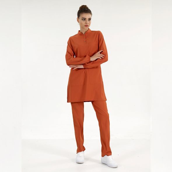 Kiremit  Lüks Likralı Scrubs Hakim Yaka Tesettür Takım